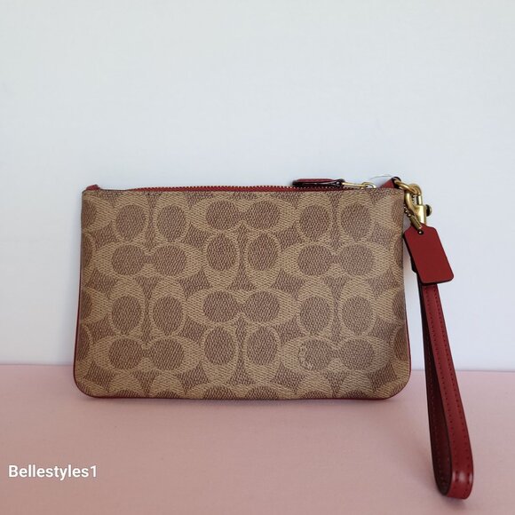COACH Boxed Small Wristlet in Signature Canvas & Smooth Leather-Tan/Ruby color⭐ - Picture 9 of 16